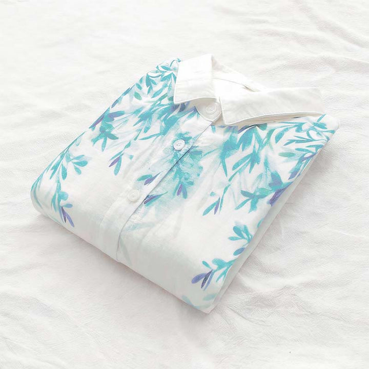 Buddha Stones Fall White Green Grass Buttons Women's Cotton Long Sleeve Shirt - image 6