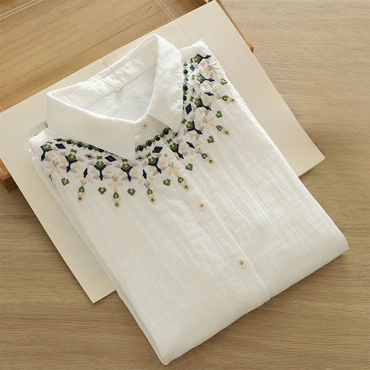 Buddha Stones Fall White Geometric Embroidery Buttons Women's Cotton Long Sleeve Shirt - image 4