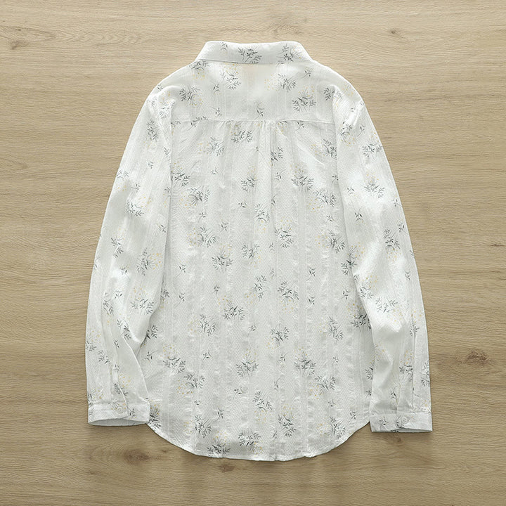 Buddha Stones Fall White Yellow Flowers Green Leaves Buttons Women's Cotton Long Sleeve Shirt - image 2