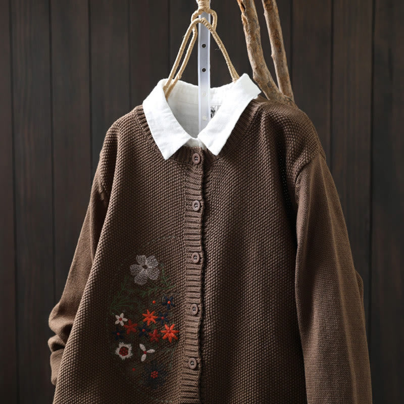 Buddha Stones Floral Embroidery Buttons Cotton Women's Long Sleeve Knitted Cardigan Sweater - image 21