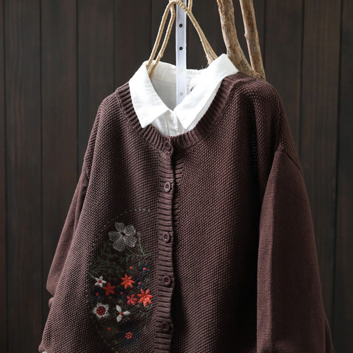 Buddha Stones Floral Embroidery Buttons Cotton Women's Long Sleeve Knitted Cardigan Sweater - image 17