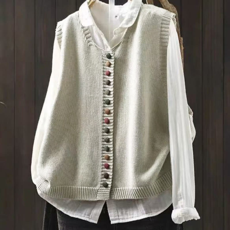 Buddha Stones Colorful Buttons Women's Sleeveless Knitted Vest Waistcoat - Seashell - US4-6，UK/AU8-10，EU36-38 (F) - image 0