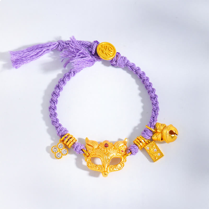 Buddha Stones 24k Gold Plated Brass Fox Bell Charm Fu Character Woven Purple String Luck Bracelet - String(Wrist Circumference: 18-20cm) - image 1