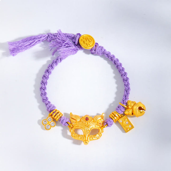 Buddha Stones 24k Gold Plated Brass Fox Bell Charm Fu Character Woven Purple String Luck Bracelet - String(Wrist Circumference: 18-20cm) - image 1
