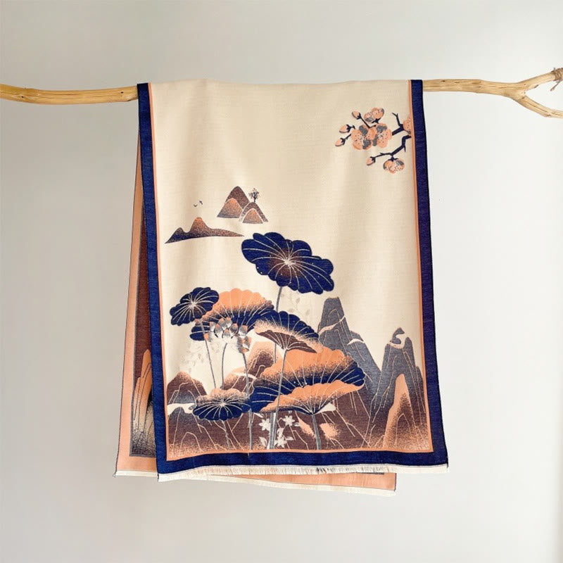 Buddha Stones Winter Mountain Lotus Flowers Leaves Pattern Soft Scarf Shawl - Navy - 180*65cm - image 13