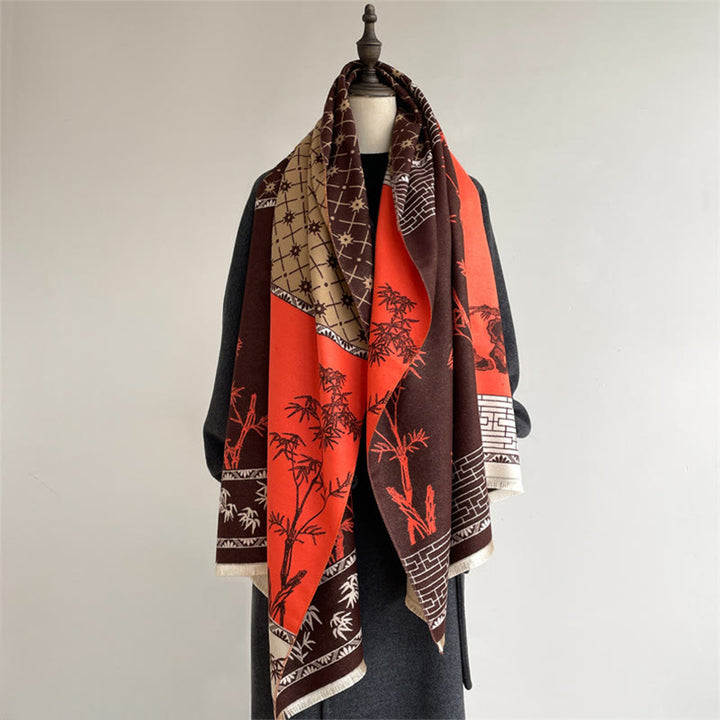 Buddha Stones Winter Bamboo Leaf Little Bird Pattern Cozy Scarf Shawl - SaddleBrown - 185*65cm - image 13