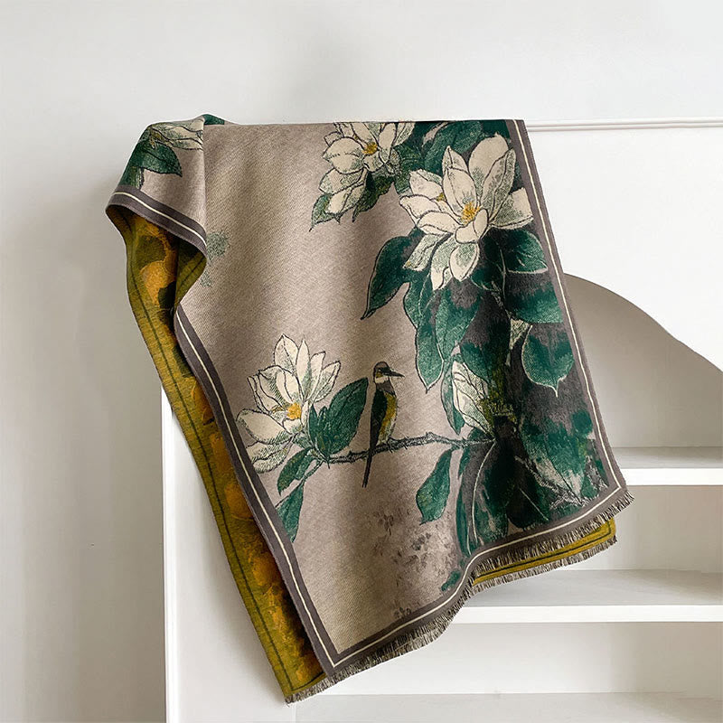 Buddha Stones Winter White Magnolia Flowers Little Bird Pattern Warm Cozy Scarf Shawl - image 1