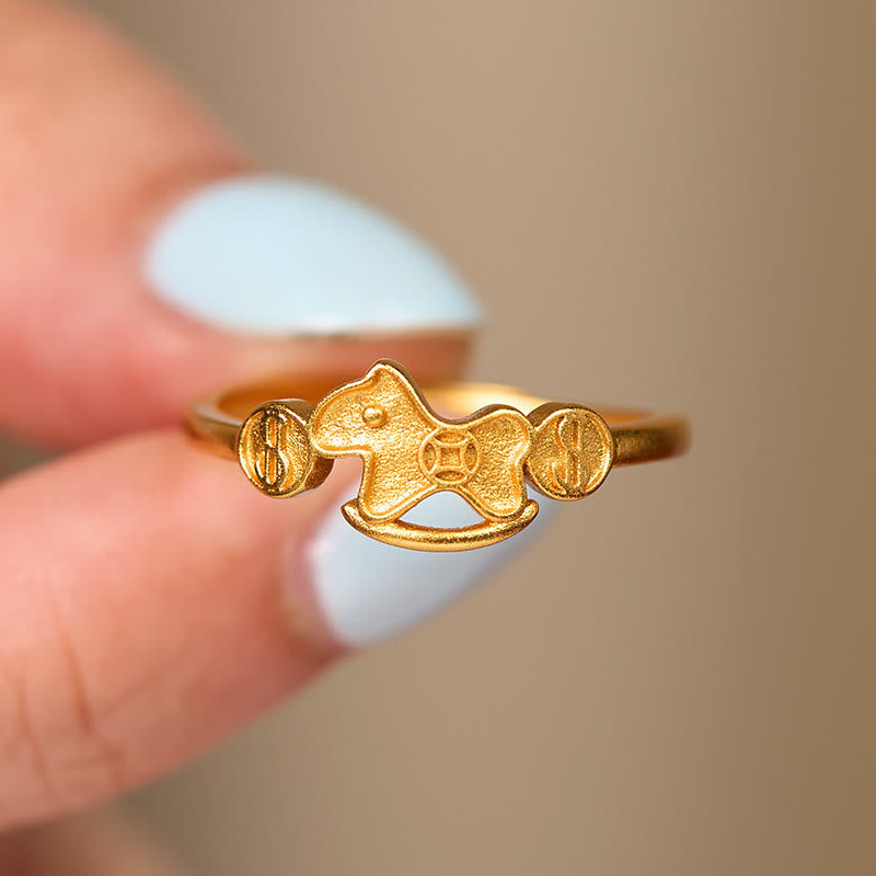 Buddha Stones Year Of The Horse 24k Gold Plated Brass Copper Coin Adjustable Ring - image 3