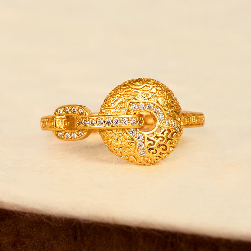 Buddha Stones 24k Gold Plated Brass Hollow Carved Design Peace Buckle Adjustable Fortune Ring - image 2