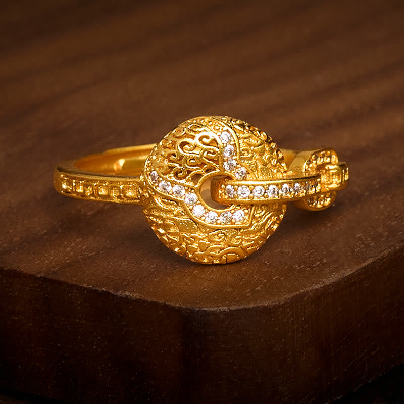 Buddha Stones 24k Gold Plated Brass Hollow Carved Design Peace Buckle Adjustable Fortune Ring - image 1