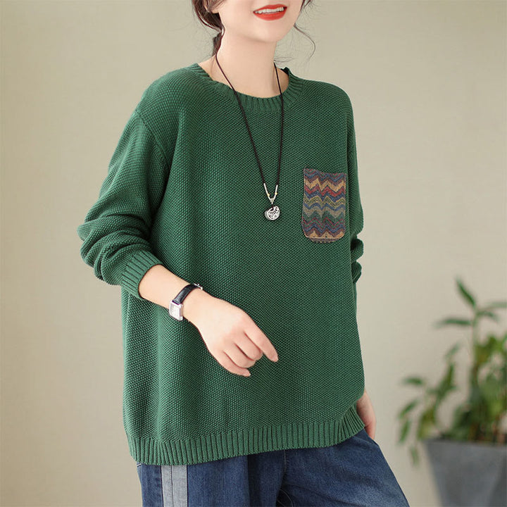 Buddha Stones Fall Floral Decorative Pocket Pattern Knitted Cotton Women's Long Sleeve Sweater - SeaGreen - US4-6，UK/AU8-10，EU36-38 (F) - image 0