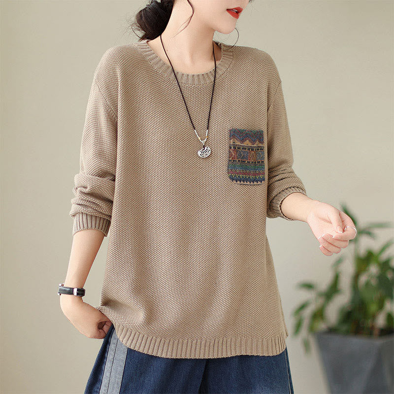 Buddha Stones Fall Floral Decorative Pocket Pattern Knitted Cotton Women's Long Sleeve Sweater - Wheat - US4-6，UK/AU8-10，EU36-38 (F) - image 3