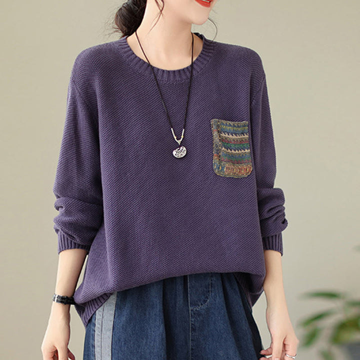 Buddha Stones Fall Floral Decorative Pocket Pattern Knitted Cotton Women's Long Sleeve Sweater - image 13