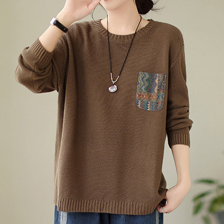 Buddha Stones Fall Floral Decorative Pocket Pattern Knitted Cotton Women's Long Sleeve Sweater - image 16
