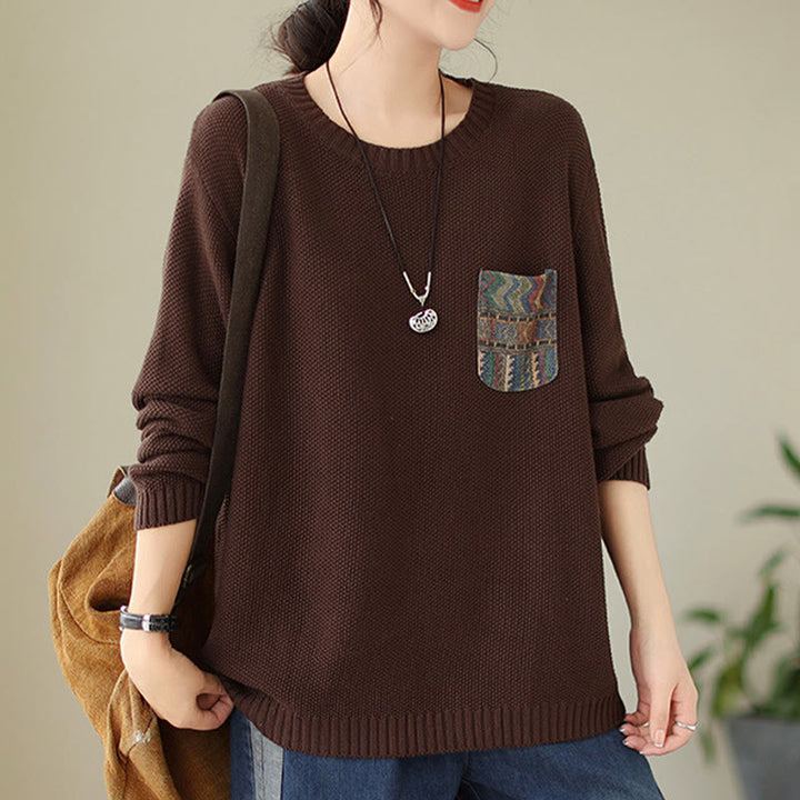 Buddha Stones Fall Floral Decorative Pocket Pattern Knitted Cotton Women's Long Sleeve Sweater - image 7