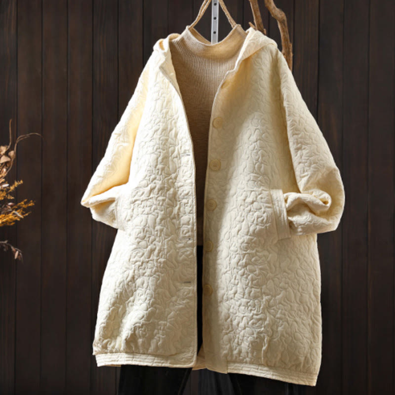 Buddha Stones Fall Buttons Long Sleeve Mid-length Jacquard Cotton Women's Jacket With Pockets - Cornsilk - US12，UK/AU16，EU44 (XL) - image 13