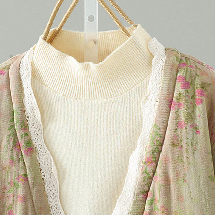 Buddha Stones Winter Lace Patchwork Long Sleeve Cotton Women's Thermal Jacket With Pockets - image 4