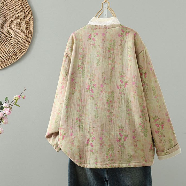 Buddha Stones Winter Lace Patchwork Long Sleeve Cotton Women's Thermal Jacket With Pockets - image 3