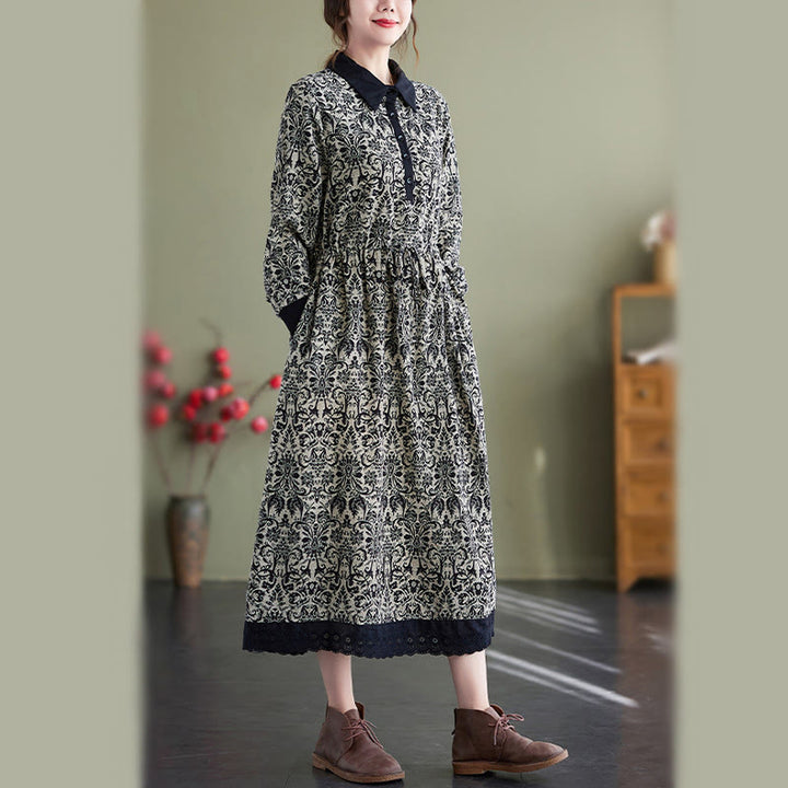Buddha Stones Ethnic Printed Drawstring Long Sleeve Cotton Midi Dress With Pockets - image 2