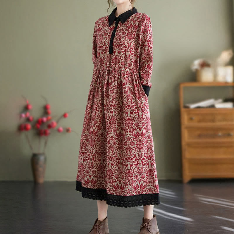 Buddha Stones Ethnic Printed Drawstring Long Sleeve Cotton Midi Dress With Pockets - image 7