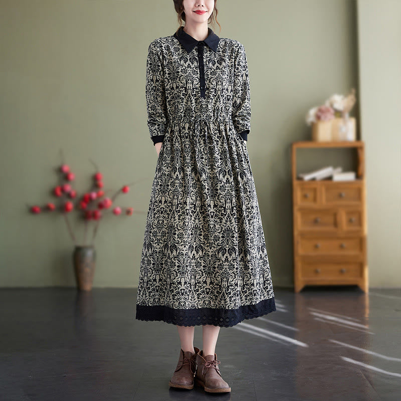Buddha Stones Ethnic Printed Drawstring Long Sleeve Cotton Midi Dress With Pockets - Black - US8-10，UK/AU12-14，EU40-42 (2XL) - image 0