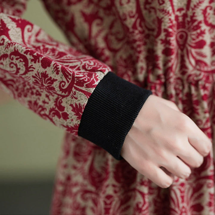 Buddha Stones Ethnic Printed Drawstring Long Sleeve Cotton Midi Dress With Pockets - image 15