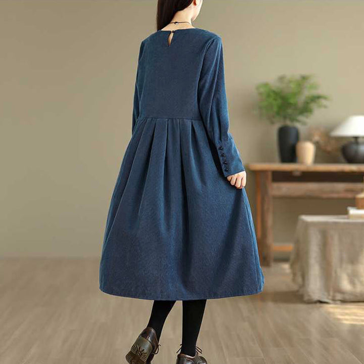 Buddha Stones Fall Plain DarkBlue Long Sleeve Corduroy Midi Dress With Pockets - image 6