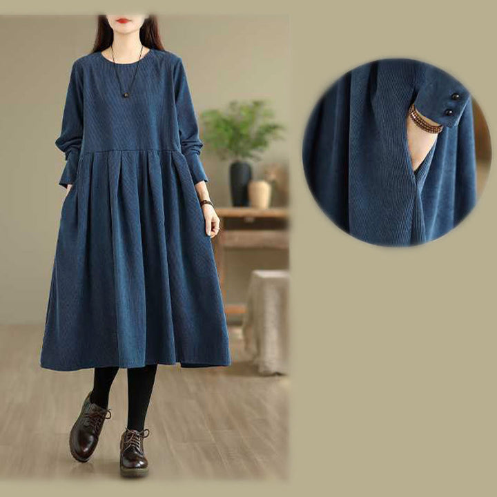 Buddha Stones Fall Plain DarkBlue Long Sleeve Corduroy Midi Dress With Pockets - image 14