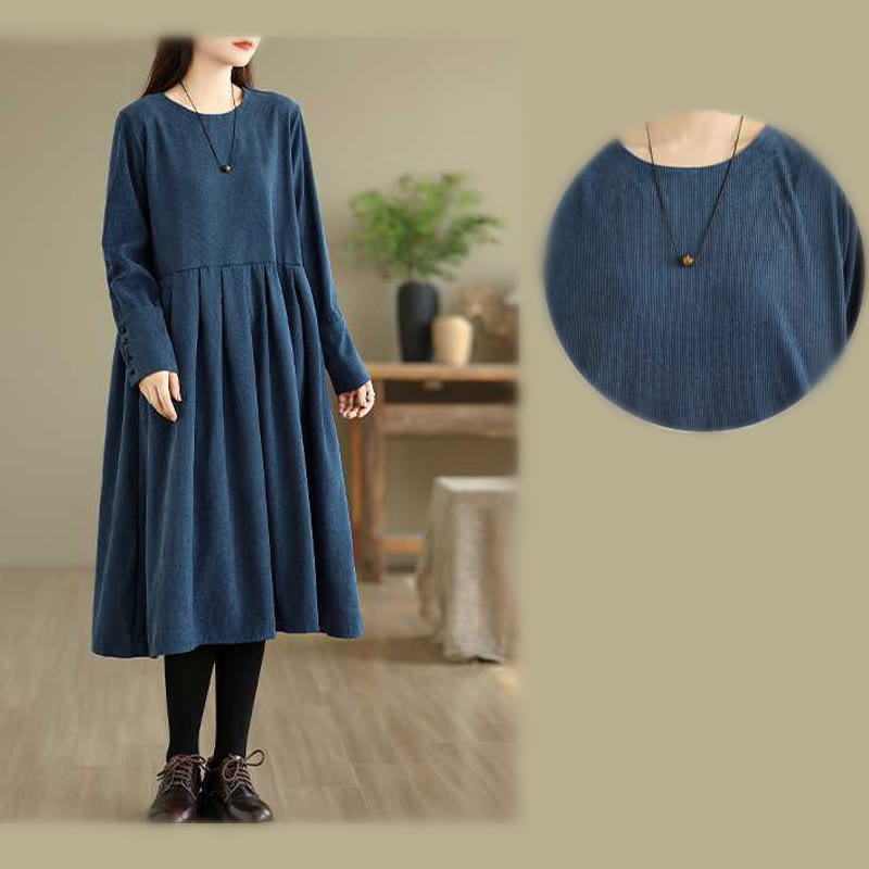 Buddha Stones Fall Plain DarkBlue Long Sleeve Corduroy Midi Dress With Pockets - image 15