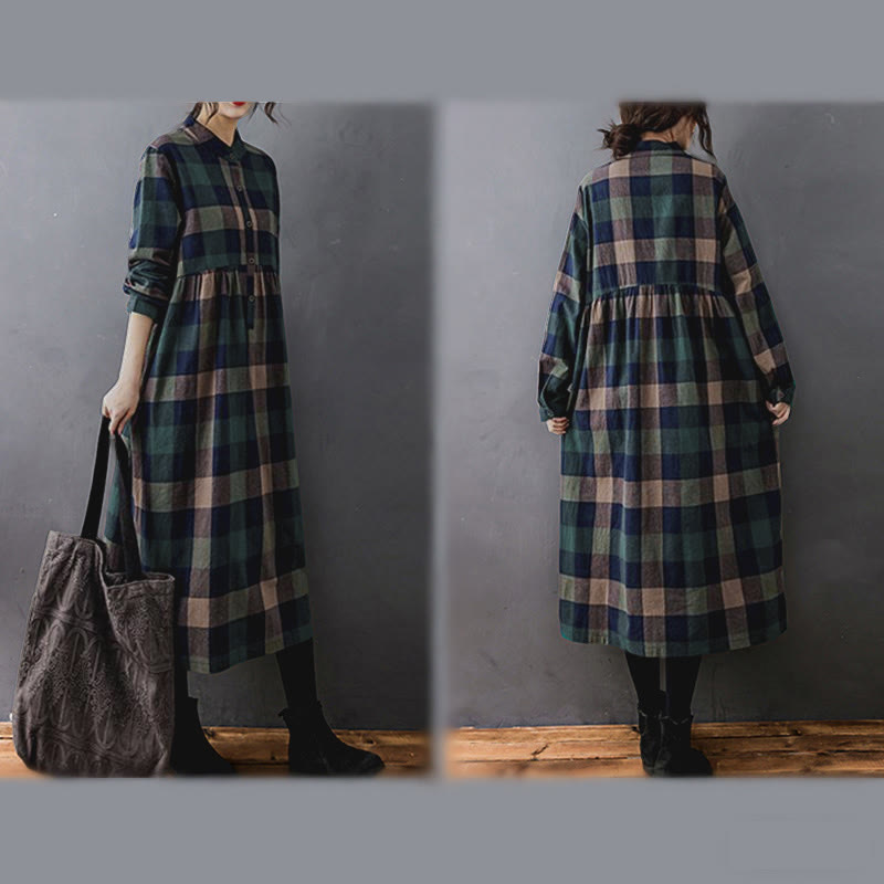 Buddha Stones Commute Patchwork Color Plaid Long Sleeve Cotton Midi Dress - image 4