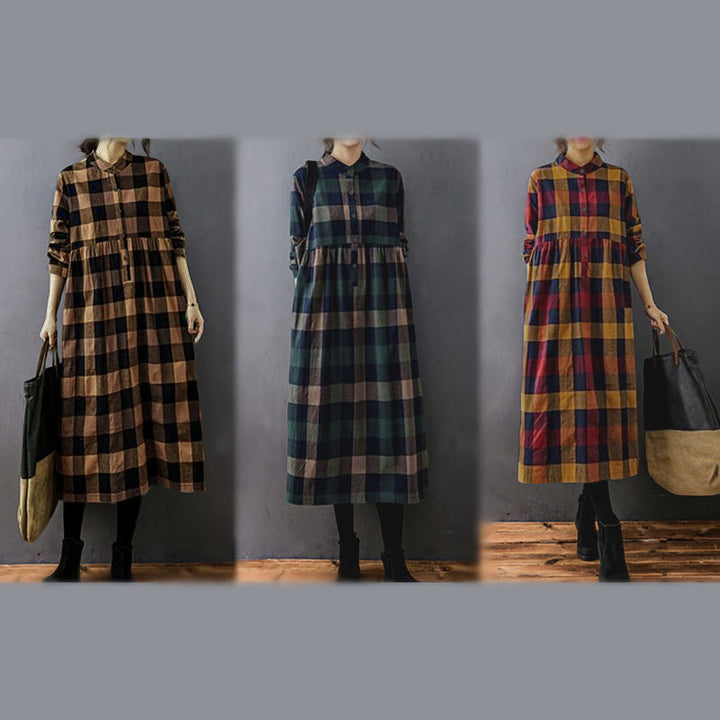 Buddha Stones Commute Patchwork Color Plaid Long Sleeve Cotton Midi Dress - image 22