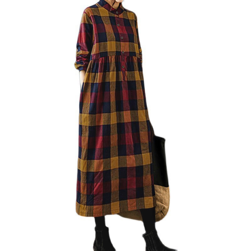 Buddha Stones Commute Patchwork Color Plaid Long Sleeve Cotton Midi Dress - image 21