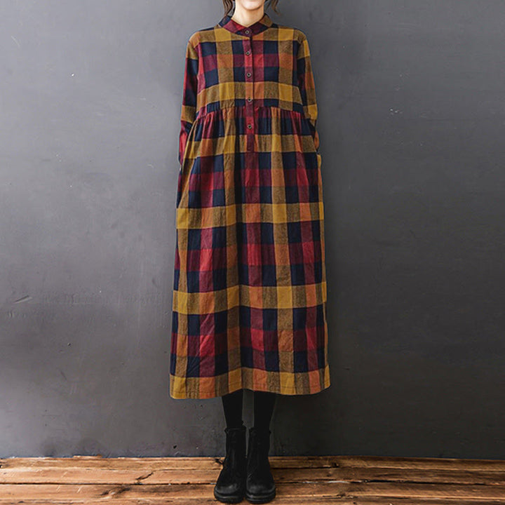 Buddha Stones Commute Patchwork Color Plaid Long Sleeve Midi Dress - Red Goldenrod Plaid - US8-10，UK/AU12-14，EU40-42 (2XL) - image 15