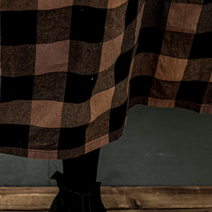 Buddha Stones Commute Patchwork Color Plaid Long Sleeve Midi Dress - image 12
