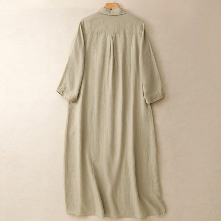 Buddha Stones Fall Commute Plain Buttons Design Long Sleeve Cotton Midi Dress With Pockets - image 10