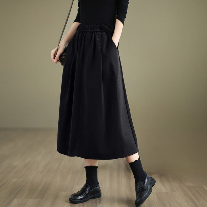 Buddha Stones Women's Winter Pure Color Cotton 7-8 Length Elastic Waistband Skirt With Pockets - Black - US8-10，UK/AU12-14，EU40-42 (2XL) - image 12