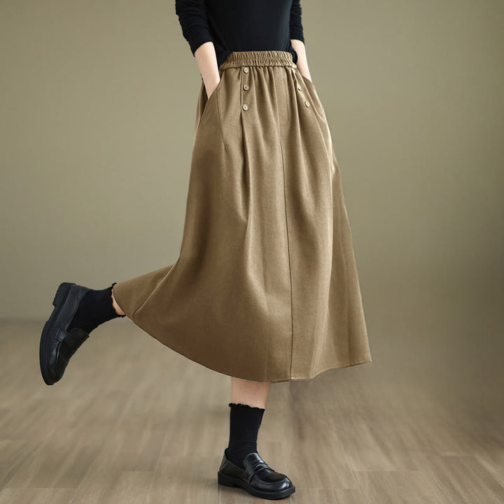 Buddha Stones Women's Winter Pure Color Cotton 7-8 Length Elastic Waistband Skirt With Pockets - DarkKhaki - US8-10，UK/AU12-14，EU40-42 (2XL) - image 10