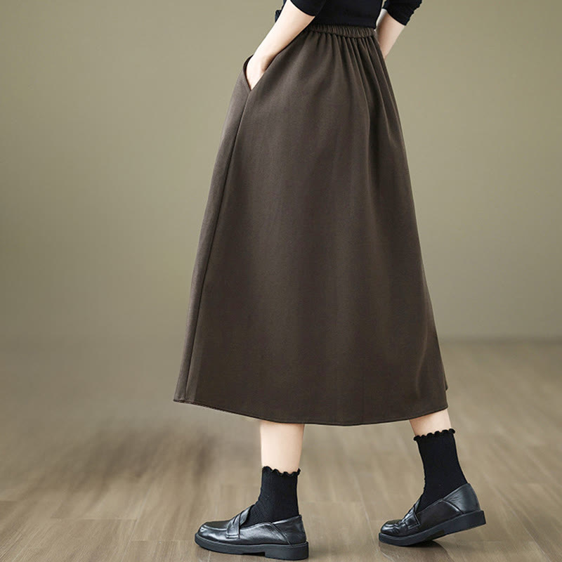 Buddha Stones Women's Winter Pure Color Cotton 7-8 Length Elastic Waistband Skirt With Pockets - image 3