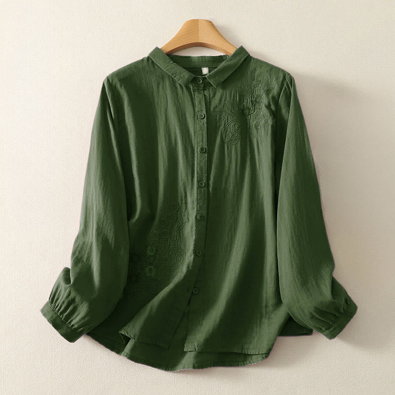 Buddha Stones Embroidered Flower Vine Pattern Long Sleeve Women's Lapel Shirt - DarkGreen - US8-10，UK/AU12-14，EU40-42 (2XL) - image 1