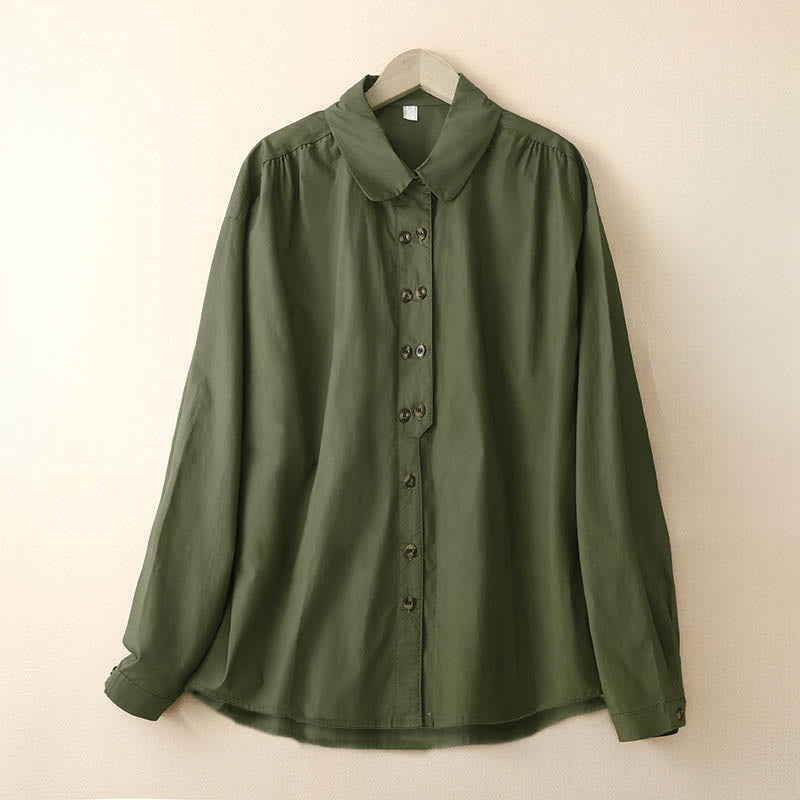 Buddha Stones Plain Double-breasted Long Sleeve Women's Cotton Lapel Shirt - DarkOliveGreen - US12，UK/AU16，EU44 (2XL) - image 1