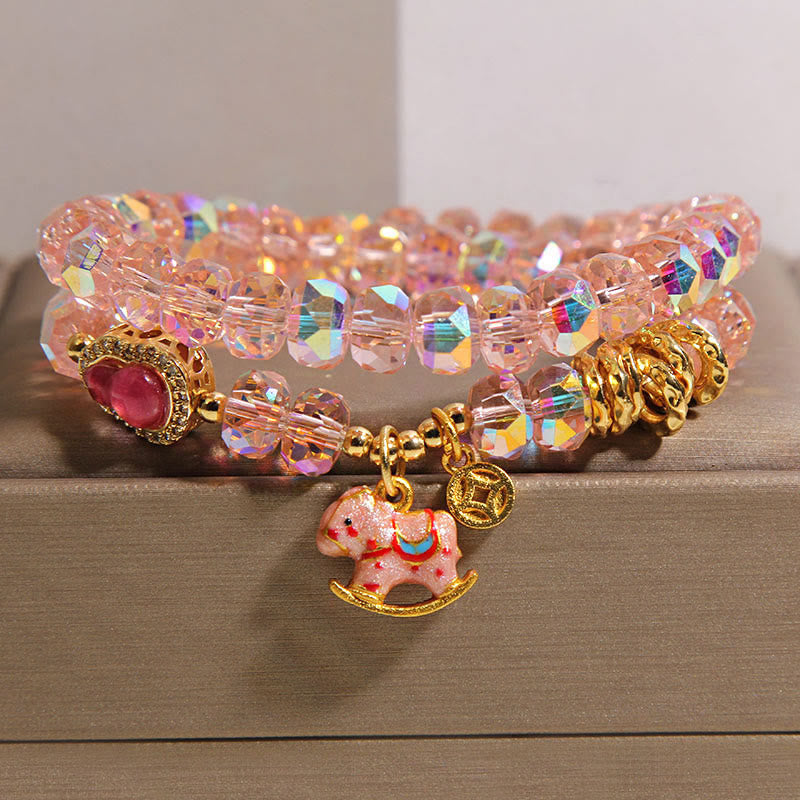 Buddha Stones Chinese Zodiac Year Of The Horse Crystal Glass Copper Coin Gourd Double Wrap Bracelet - Pink(Wrist Circumference: 14-15cm) - image 0
