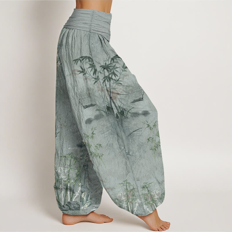Buddha Stones Cotton Casual Bamboo Rock Ink Painting Women's Elastic Waist Harem Pants - image 8