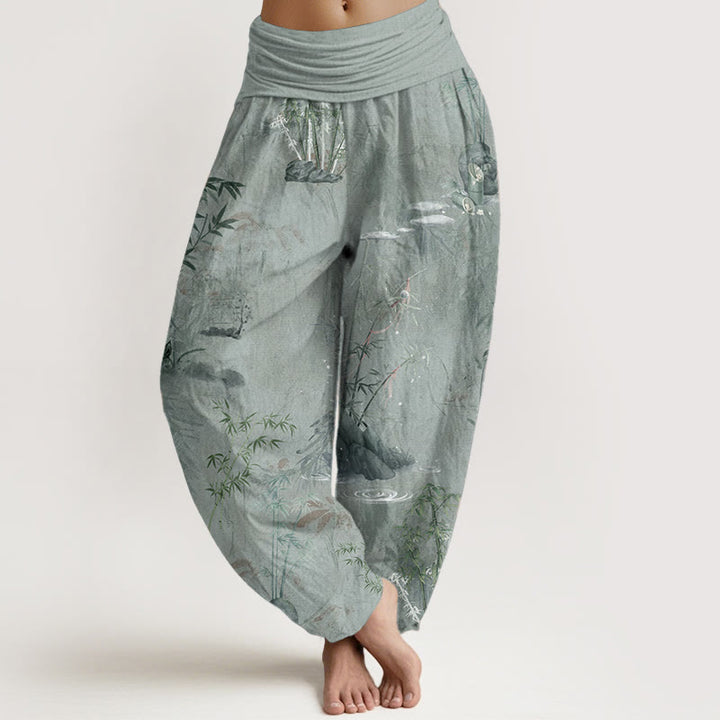 Buddha Stones Cotton Casual Bamboo Rock Ink Painting Women's Elastic Waist Harem Pants - DarkSeaGreen - US22，UK/AU26，EU54 (6XL) - image 7