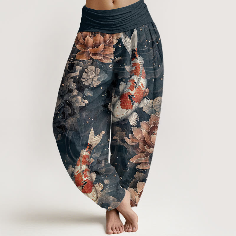 Buddha Stones Cotton Colorful Koi Fish Lotus Flowers Design Women's Elastic Waist Harem Pants - Gray - US22，UK/AU26，EU54 (6XL) - image 7