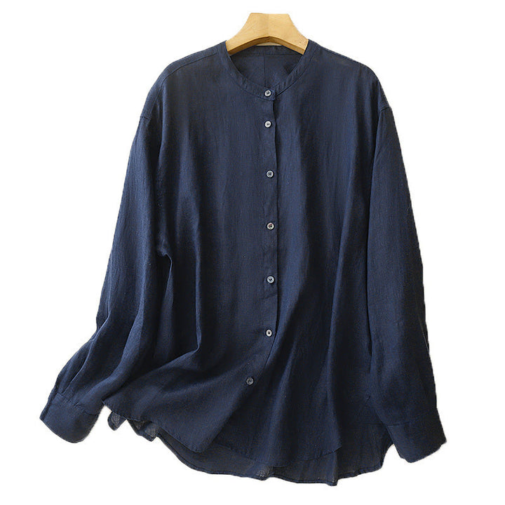 Buddha Stones Solid Color Crew Neck Buttons Design Women's Long Sleeve Shirt - image 6
