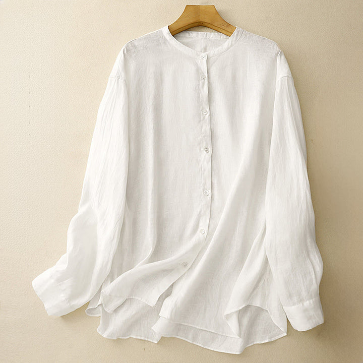 Buddha Stones Solid Color Crew Neck Buttons Design Women's Long Sleeve Shirt - White - US8-10，UK/AU12-14，EU40-42 (2XL) - image 7