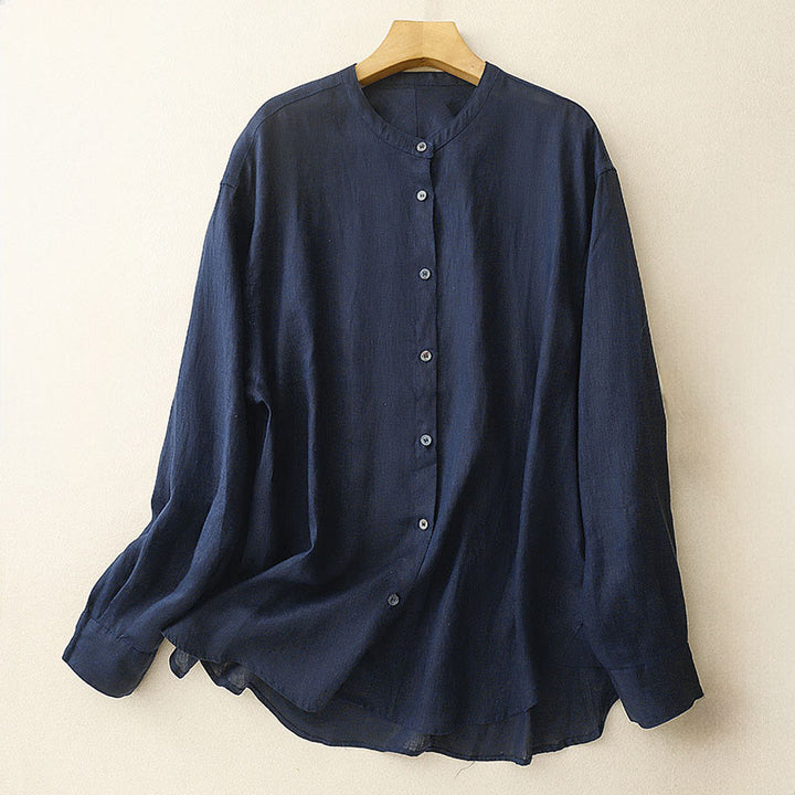Buddha Stones Solid Color Crew Neck Buttons Design Women's Cotton Long Sleeve Shirt - MidnightBlue - US8-10，UK/AU12-14，EU40-42 (2XL) - image 0