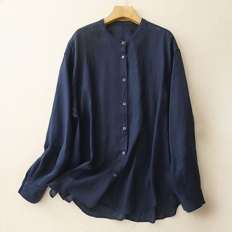 Buddha Stones Solid Color Crew Neck Buttons Design Women's Cotton Long Sleeve Shirt - MidnightBlue - US8-10，UK/AU12-14，EU40-42 (2XL) - image 0