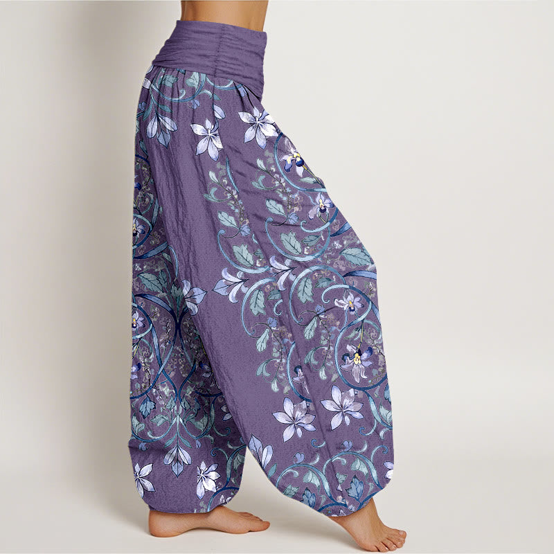Buddha Stones Cotton Symmetrical Flower Vines Leaves Pattern Women's Elastic Waist Harem Pants - image 7