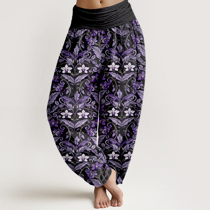 Buddha Stones Cotton Star Shaped Flowers Leaves Pattern Women's Elastic Waist Harem Pants - Black - US16，UK/AU20，EU48 (3XL) - image 8